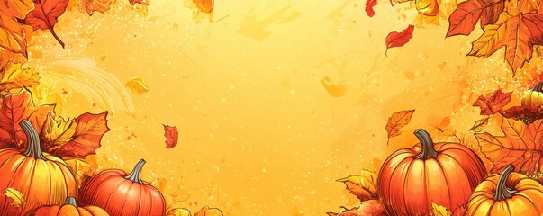 Naklejka premium Festive autumn comic-style background with vibrant pumpkins and colorful falling leaves capturing the essence of the fall season