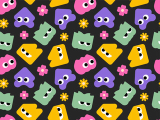 Obraz premium Seamless pattern featuring cute colorful abstract blob monsters and flowers on dark background for kids fabric
