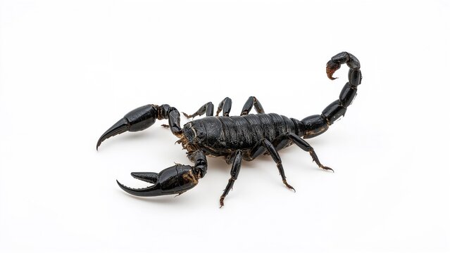 Scorpion isolated on white background with a black body and curved tail. Predatory arachnid. Venomous creature. Haustier or dangerous animal. Animal and wildlife.