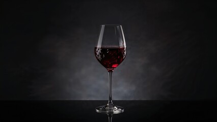 A glass of red wine on a dark background with subtle lighting.