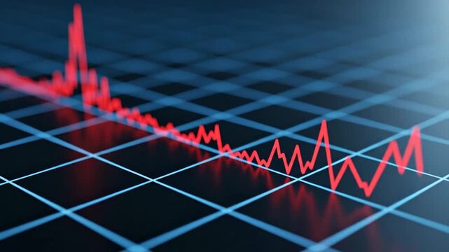 Abstract Red Line Graph Indicating Decrease In Financial Data Against Blue Grid Background