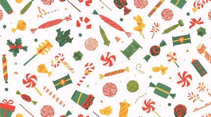 Vector illustration template featuring Christmas candy and a giftbox with a flat design style, incorporating a festive element pattern, with bold lines, vibrant