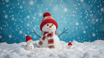 Fototapeta premium Snowman and smaller snowmen with red hats and scarves in falling snow with a wintery background.