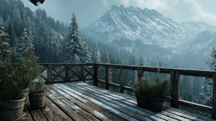 A serene winter landscape viewed from a balcony, featuring a snowy mountain backdrop and frosty trees, evoking peacefulness and tranquility.