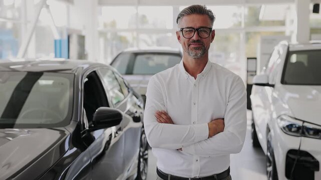 Man customer male buyer client wears white shirt glasses hold hands crossed folded chooses auto wants buy new automobile in car showroom vehicle salon dealership store motor show indoor. Sales concept