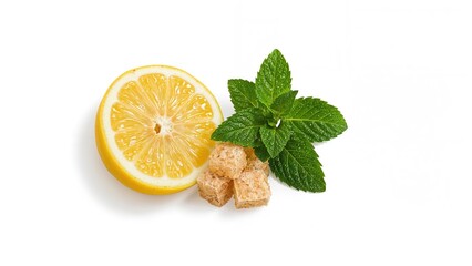 Lemon slice, brown sugar cubes, and fresh mint leaves on a white background.