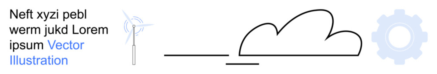 Renewable energy, cloud computing, sustainability, technology, innovation, digital infrastructure. Minimalist wind turbine, cloud and gear shape. Renewable energy and cloud computing concepts