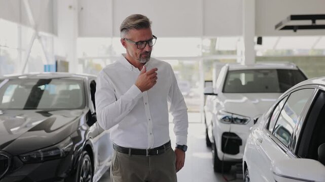 Man customer male buyer client wears white shirt point finger up with new idea chooses auto wants to buy new automobile in car showroom vehicle salon dealership store motor show indoor. Sales concept