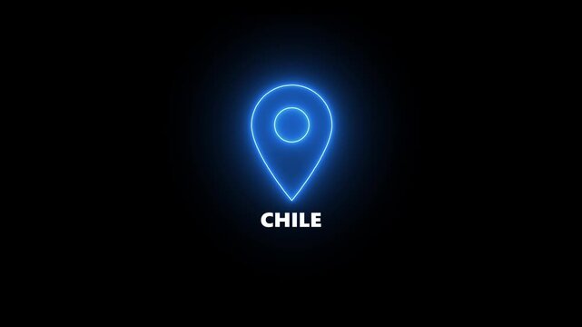 Neon blue map pin icon with the word CHILE in white text on a black background Chile location