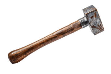 Rustic metal hammer with worn wooden handle, light scratches and patina for realism, angled placement, Isolated to Transparent Background