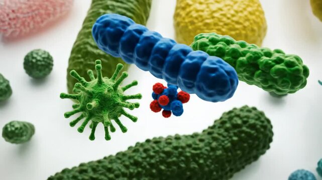 A vivid collection of diverse microscopic organisms, encompassing many types of bacteria, viruses, and harmful germs, spread on a clean white science background.
