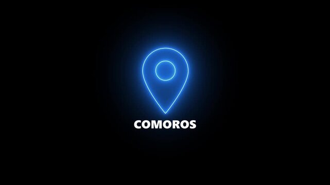 Neon blue location pin icon with the word COMOROS illuminated on a dark background map marker navigation