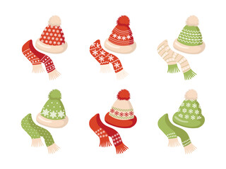 Collection of Festive Christmas Knitted Hats and Matching Scarves with Snowflake Patterns and Nordic Ornaments Vector Set