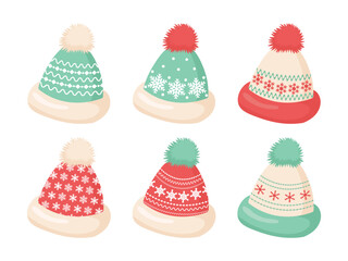 Cute Christmas holiday hats vector illustration. Red and mint green winter caps with Nordic patterns for seasonal design