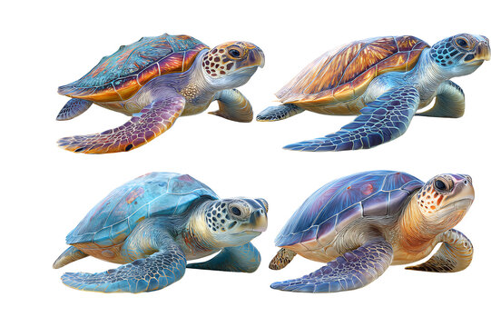 Illustration of four colorful sea turtles isolated on transparent background swimming sidewards