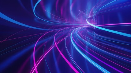 Abstract swirling neon light trails in vibrant blue and pink hues creating a futuristic tunnel effect on a dark background