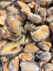 Top view of frozen mussels, seafood concept, keto diet ingredients, healthy marine food