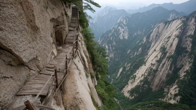 Ultra HD Dangerous wooden plank walkway clinging to a sheer cliff face on mount hua, shaanxi, china, with steep mountain ranges in the background video
