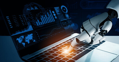 A robotic hand interacts with a laptop keyboard, showcasing a blend of technology and data analysis. It highlights modern computing and digital innovation in a futuristic workspace. Scalp
