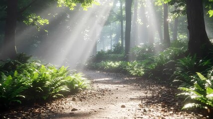 Sunlight Piercing Through Lush Forest Canopy Creating Path Illumination and Atmospheric Rays with Green Foliage - Powered by Adobe