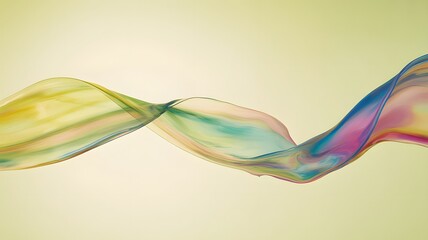 Vibrant flowing translucent fabric wave with rainbow colors against a soft yellow background abstract artistic motion