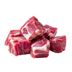 Obraz premium Fresh, diced pieces of beef on a white isolated background, perfect for culinary presentations.