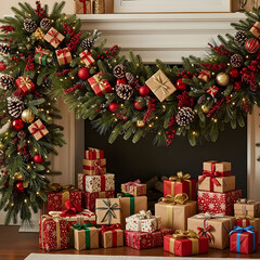 Title: Christmas tree and fireplace decorated with presents and ornaments in a cozy living room