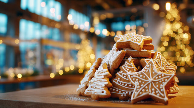 Delicious homemade gingerbread cookies stacked on a table. Warm golden bokeh background with festive lights creates a cozy Christmas holiday atmosphere perfect for seasonal food marketing - Powered by Adobe