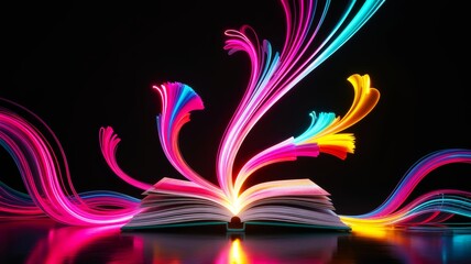 A vibrant, illuminated book opens to release colorful, flowing lines, symbolizing creativity and the power of knowledge.