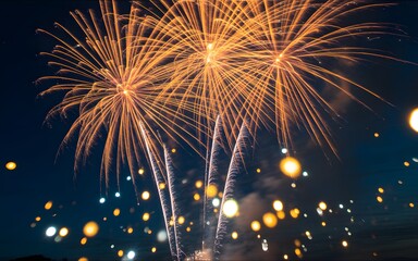 Golden Fireworks Bursting in the Evening Sky with Bokeh Lights