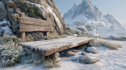 A serene view of a snowy landscape featuring a wooden platform among rocks and frosty grass, framed by distant mountains under a clear sky.