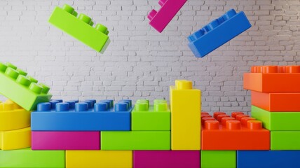 Fototapeta premium A colorful arrangement of building blocks, resembling a playful construction scene against a textured wall.