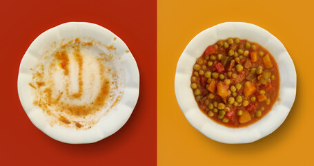 This top view image presents the striking contrast between a full, juicy, meaty dish of peas and a neighboring empty, dirty plate after consumption. Excellent for comparison concepts.