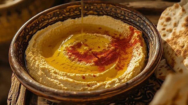 Delicious Hummus Dip with Olive Oil and Paprika Served with Fresh Pita Bread.
