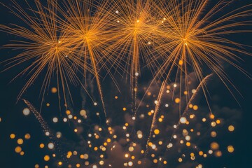 Golden Fireworks Bursting in the Evening Sky with Bokeh Lights