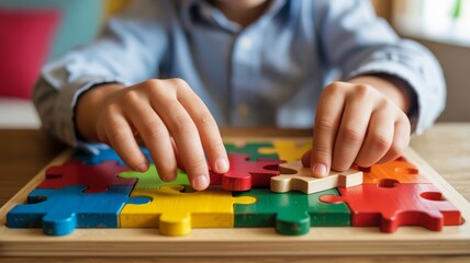 A child"s hands are assembling colorful puzzle pieces, showcasing focus and playfulness in a bright, engaging environment.