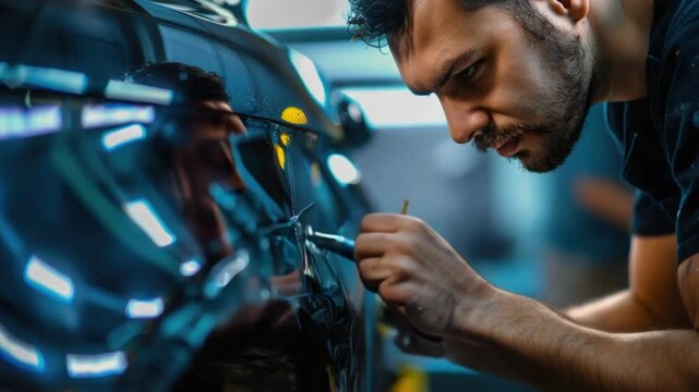Video A person tinkering with an automobile in a mechanic's shop or home garage, one phrase about what pictured on and a one phrase with a short advice of where may be used this picture