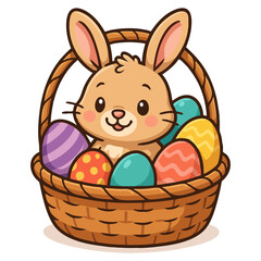 Easter bunny in a basket with painted colorful eggs. Adorable cartoon rabbit isolated on transparent background with decorated Easter eggs vector illustration