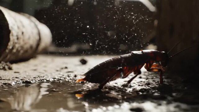 Creepy cockroach scurrying across damp, dirty floor in the dark, perfect for horror, pest control, or science videos