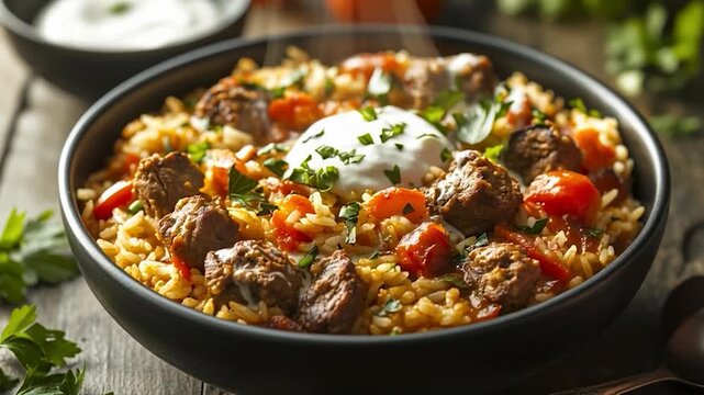 Delicious Lamb Kofta with Bulgur Pilaf and Yogurt Sauce.