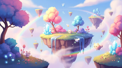 A whimsical pastel fantasy world filled with floating islands, tiny adorable creatures
