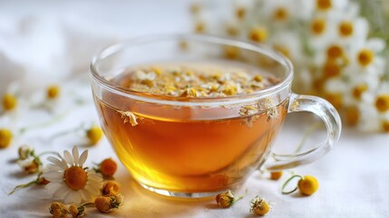 Chamomile Tea in Transparent Glass, Herbal Infusion