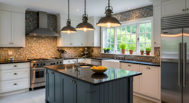 Modern kitchen island with pendant lights and stainless steel appliances featuring a window with greenery and a mosaic tile backsplash