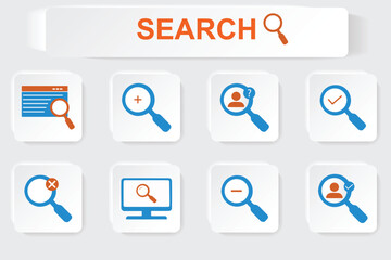 Dynamic Search Icons and Symbols for User Interface Design, Featuring Magnifying Glass Buttons