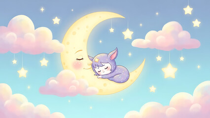 A tiny magical creature peacefully sleeping on a glowing crescent moon