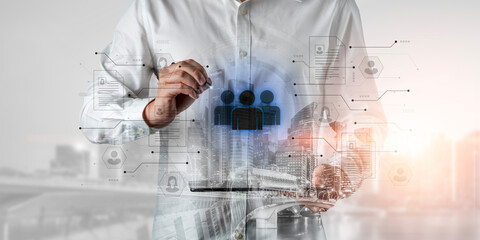 Concept of a digital human resources platform for workforce management. An applicant tracking system helps in team building by organizing employee and candidate profiles. Fermion