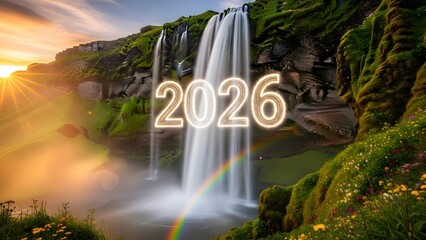 Stunning waterfall landscape with glowing 2026 text and rainbow at sunset
