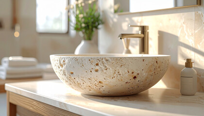 Marmurowy zlew w łazience - złoty kran armatura