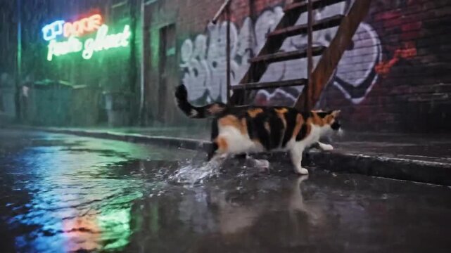 A Rainy Alley Cat's Venture: Vibrant Neon Glow and Urban Adventure Unveiled