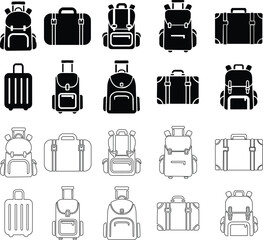Black travel bag icon set in flat and line style, luggage symbol collection featuring backpacks, suitcases and trolley group, minimal monochrome baggage vector illustration pack with synonym elements